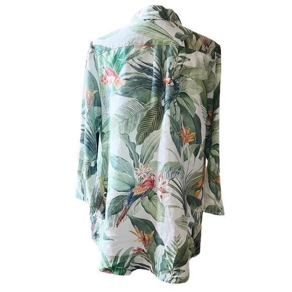 iLinen Lifestyle Parrot Tropical Linen Button Up Maxi Blouse Pockets White Sz L - Picture 3 of 10